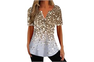 Feancey Summer Tops for Women Plus Size Short Sleeve T-Shirt Loose Casual V-Neck Henley Shirts Fashion Floral Print Blouses