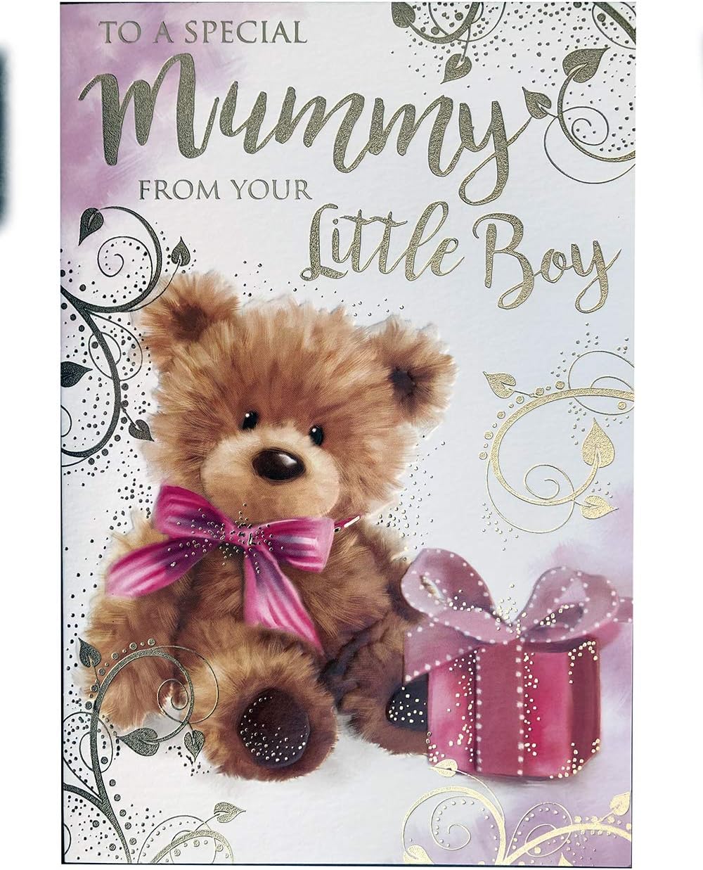 Mummy from Your Little Boy Bear & Present Design Birthday Card Lovely Verse, red|white|brown, 15.2cm x 22.8cm