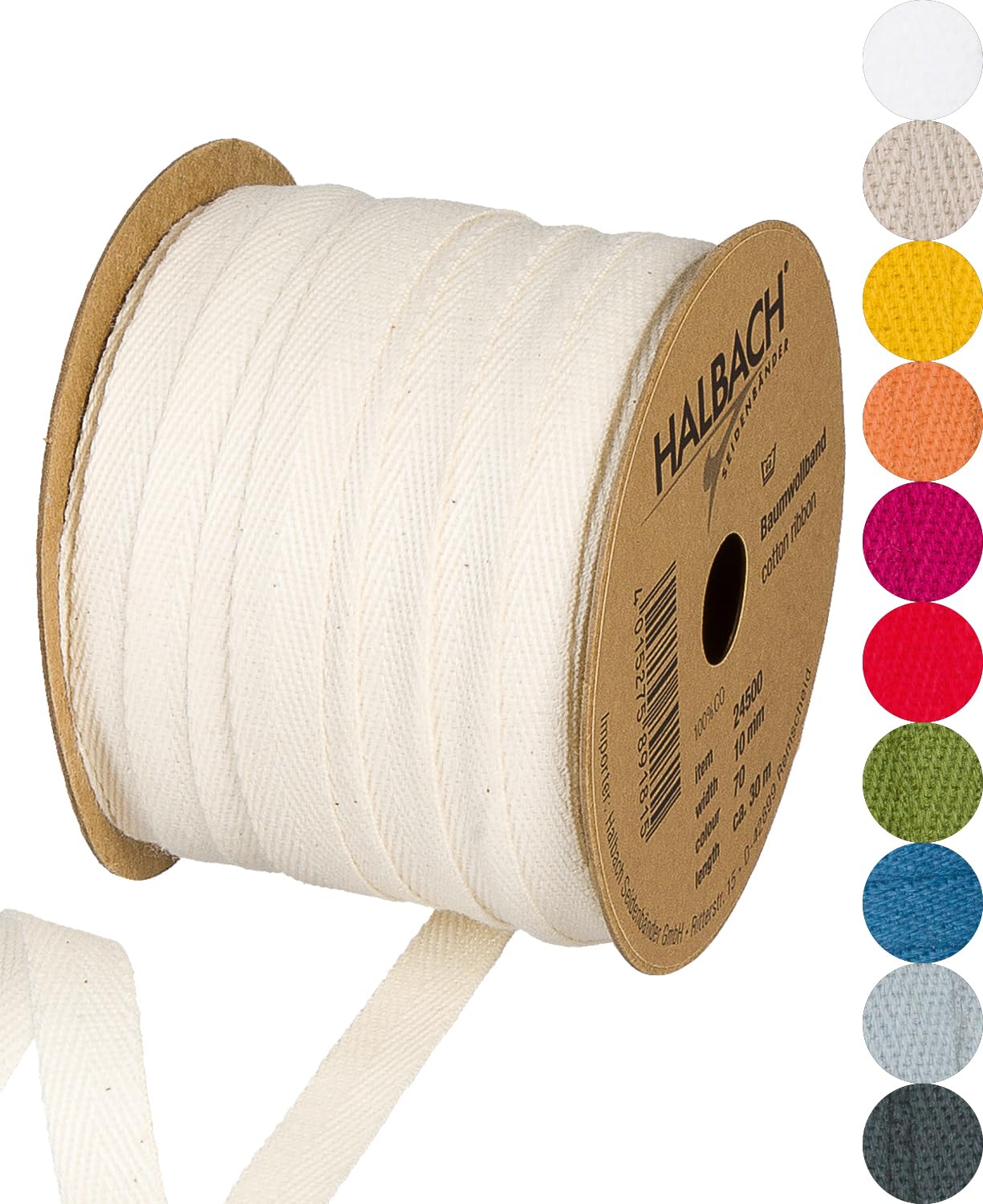 Halbach Seidenbänder Cotton Tape 10 mm x 30 m, Tapes for Crafts Sold by The Metre, Fabric Tape for Decorations, Woven Tape 100% Cotton DIY Crafts, Bias Binding Sewing, Colour: Off-White, 24500 — image 1