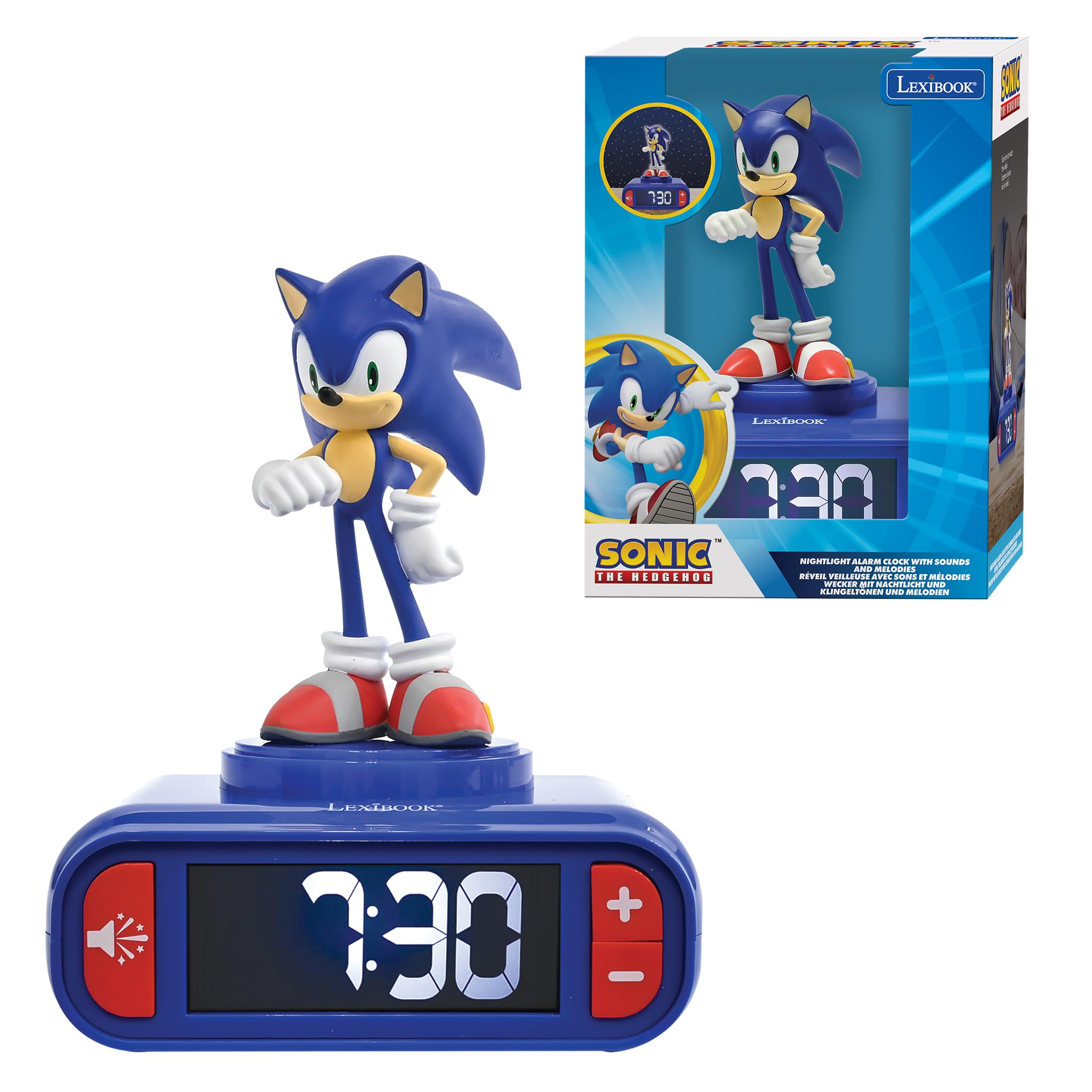 LEXIBOOK, Sonic The Hedgehog, Sonic Night Light Alarm Clock, Sounds and Melodies, Backlit LCD Screen, Luminous, Snooze, Blue, RL800SN