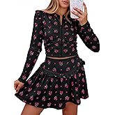 Fisoew Womens 2 Piece Outfits Floral Skort Sets Zip Up Crop Tops Mini Skirts Y2K Ruffle Vacation Clothes