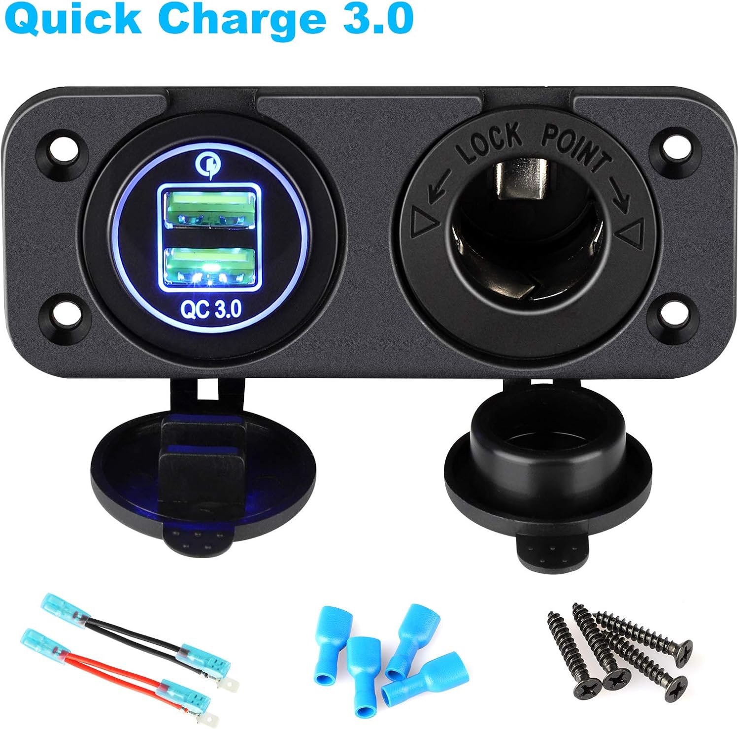 Quick Charge 3.0 Cigarette Lighter Outlet Splitter, 12V Charger Waterproof Power Socket Adapter Control panel, Dual USB Ports with Blue LED & Cigarette Lighter Socket, for 12V/24V Car Boat Marine RV: Automotive