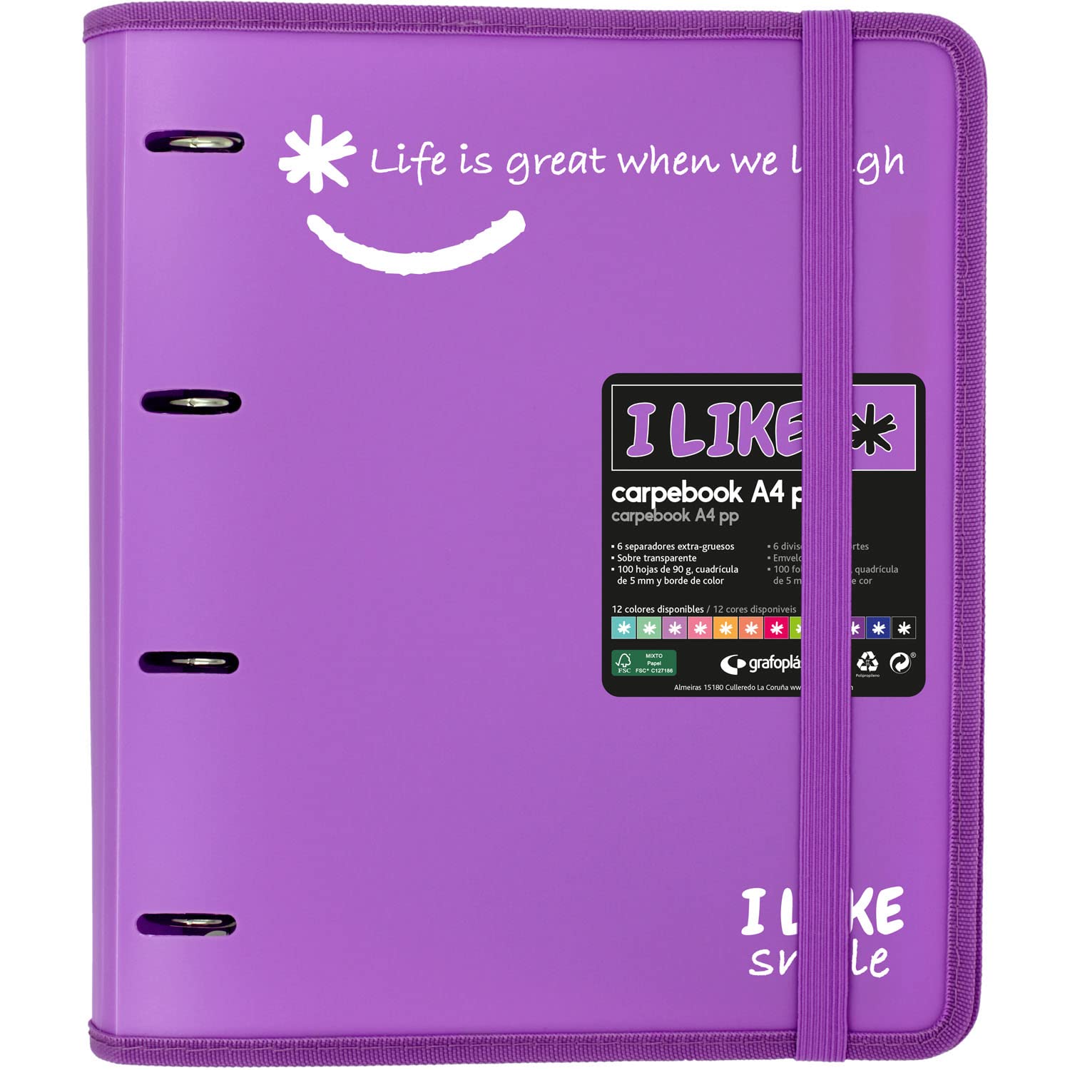 Grafoplás 88101869 4 Ring Binder with Refill, A4, Lavender, Semi-Rigid Polypropylene, Includes Dividers, Carpebook Like