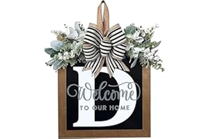 YICORIP 2024 New Last Name Year Round Front Door Wreath Front Porch Decoration 26 Letter Welcome Sign with Eucalyptus Garland and Bow Spring Wreaths for Front Door Outside Hanger Garland (D)