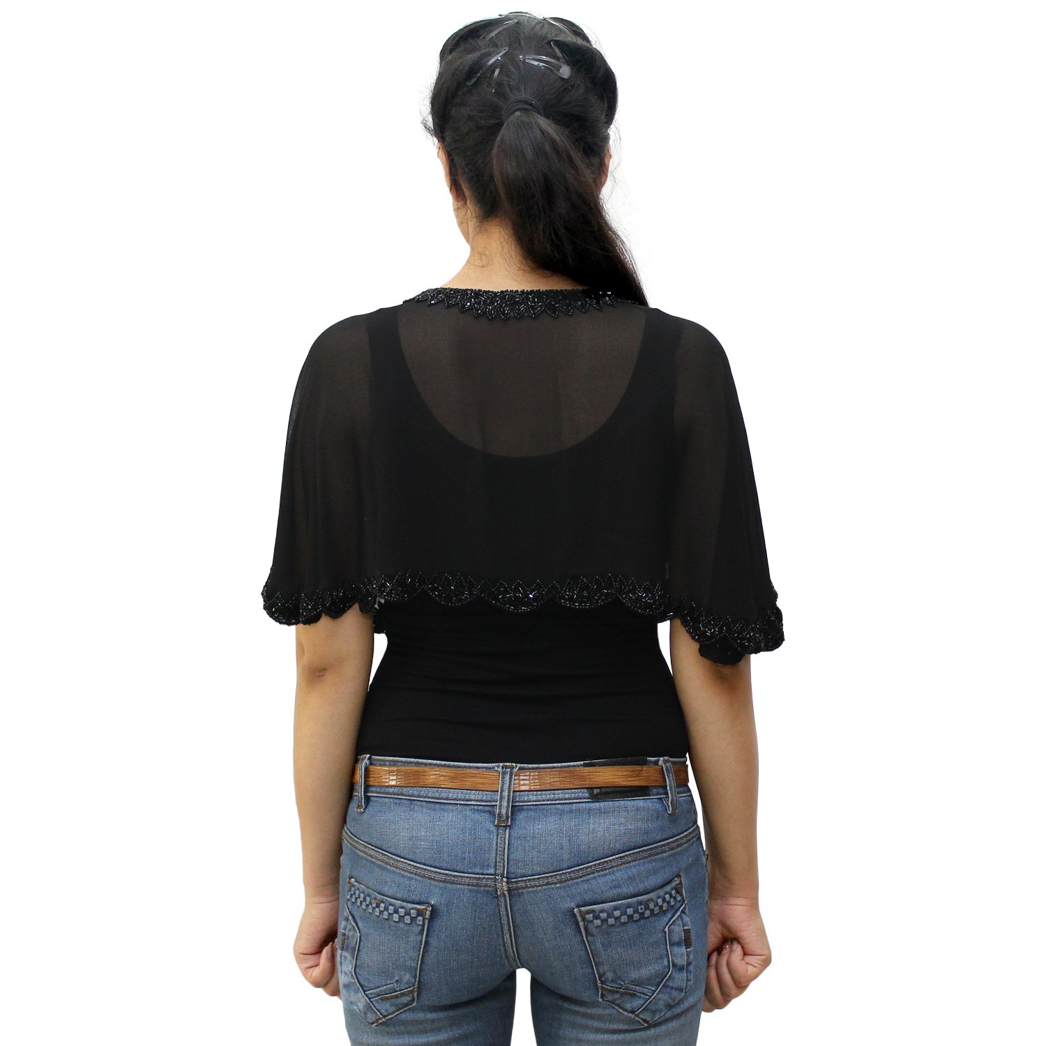 matelco women's black partywear poncho with embroidery (ad006bk177)