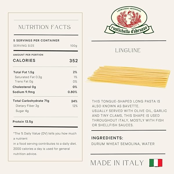 RUSTICHELLA D’ABRUZZO LINGUINE (PACK OF 3), 500G EACH – CLASSIC ITALIAN LONG PASTA – TONGUE-SHAPED BAVETTE FOR FISH AND SHELLFISH SAUCES