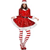 Geyoga Women's Santa Claus Costume Set Velvet Dress with Belt Women's Xmas Striped Tights Santa Hat Set Dress Cosplay