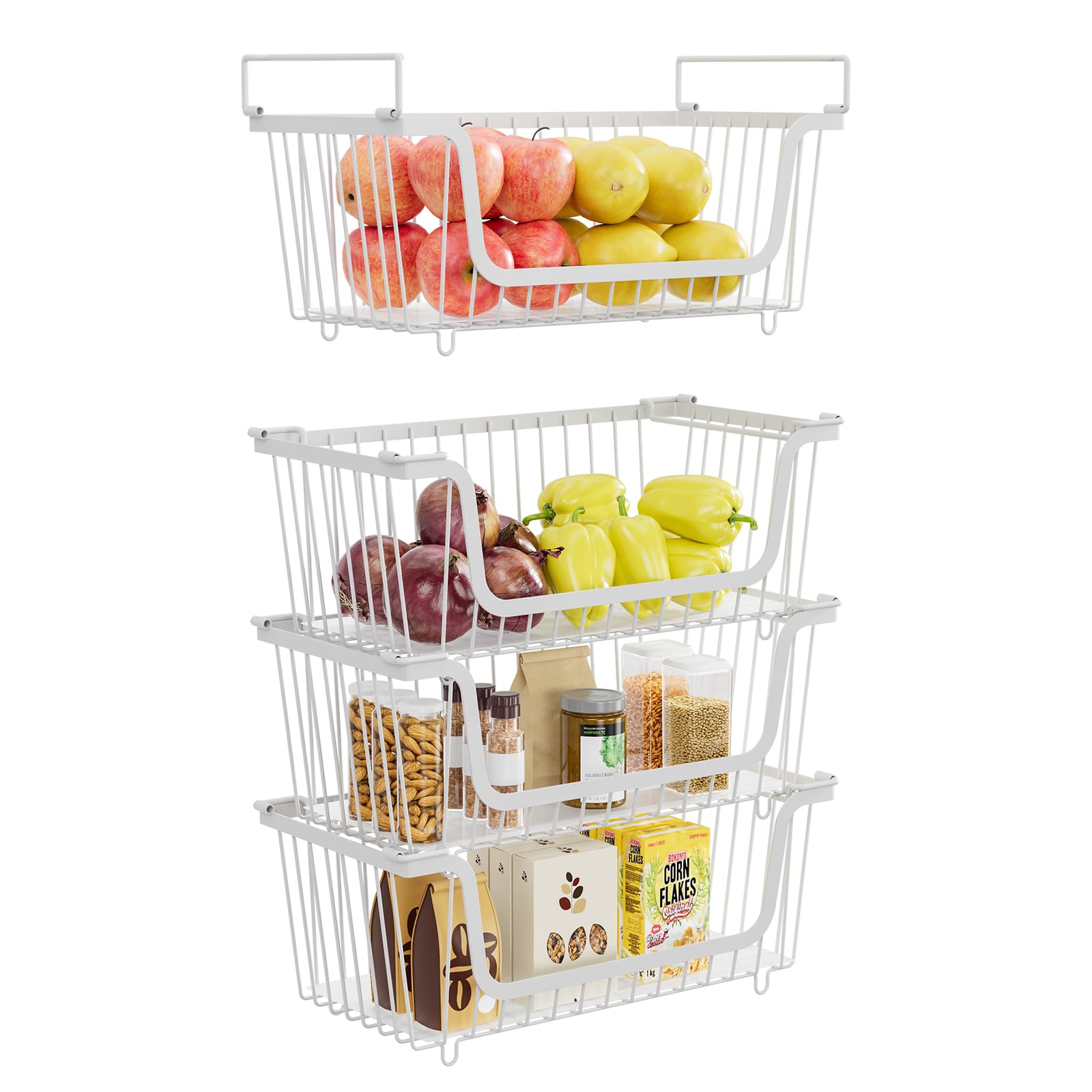 Photo 1 of 4 Pack Stackable Wire Baskets with Handles for Pantry Organizers and Storage, Fruit and Vegetable wire storage baskets, Potato and Onion Storage Bin, Metal Baskets for Organizing Snacks, Cans (White)