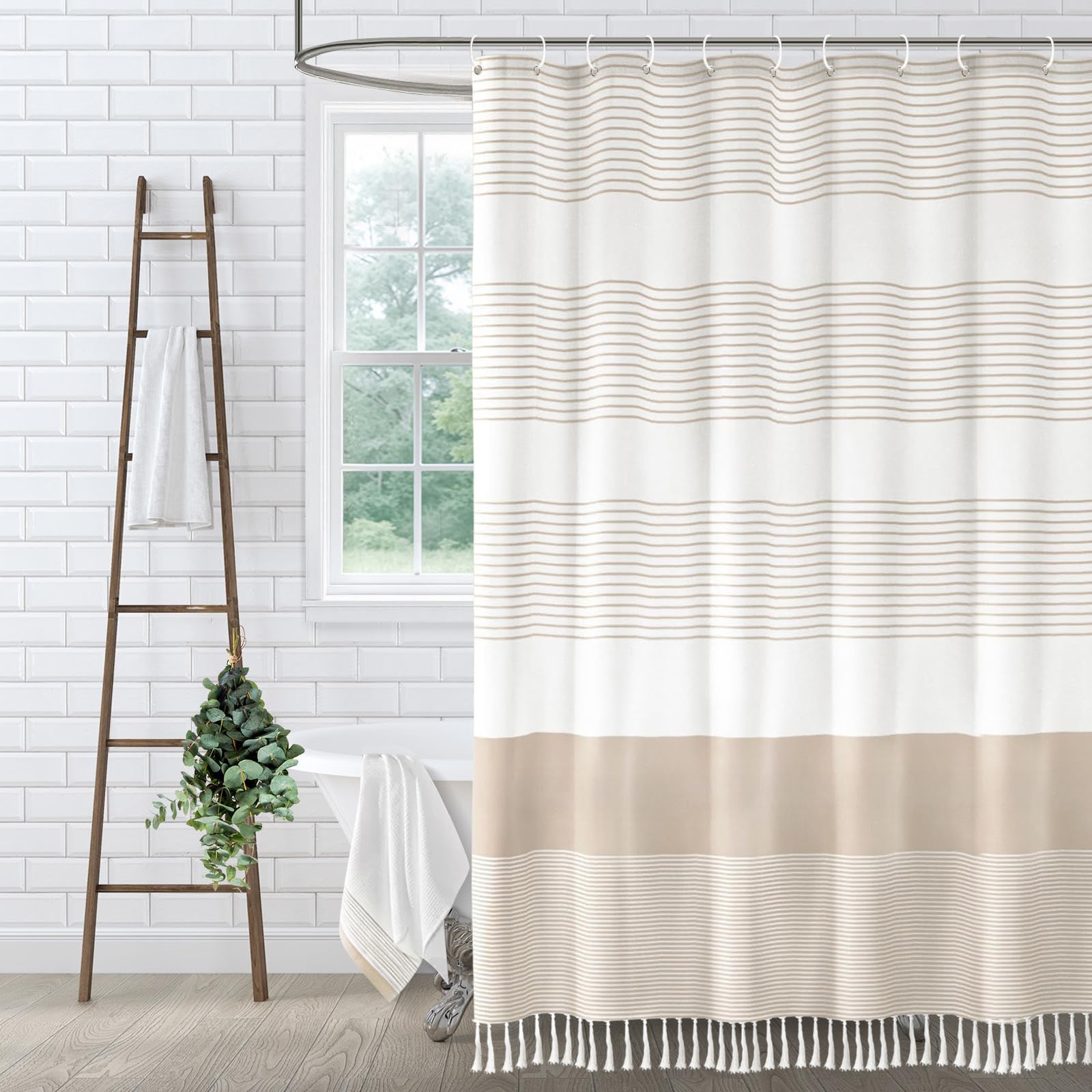 Photo 1 of XOGUIBO Extra Long Beige Shower Curtain Cotton Boho Striped Shower Curtains for Bathroom with Tassel 72" W X 84" L