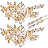 QXUJI 4PCS Gold Rhinestone Pearl Hair Clips, Wedding Bridal Leaf Hair Barrette, Sparkly Glitter Hair Pins Accessories for Women and Girls (Gold)