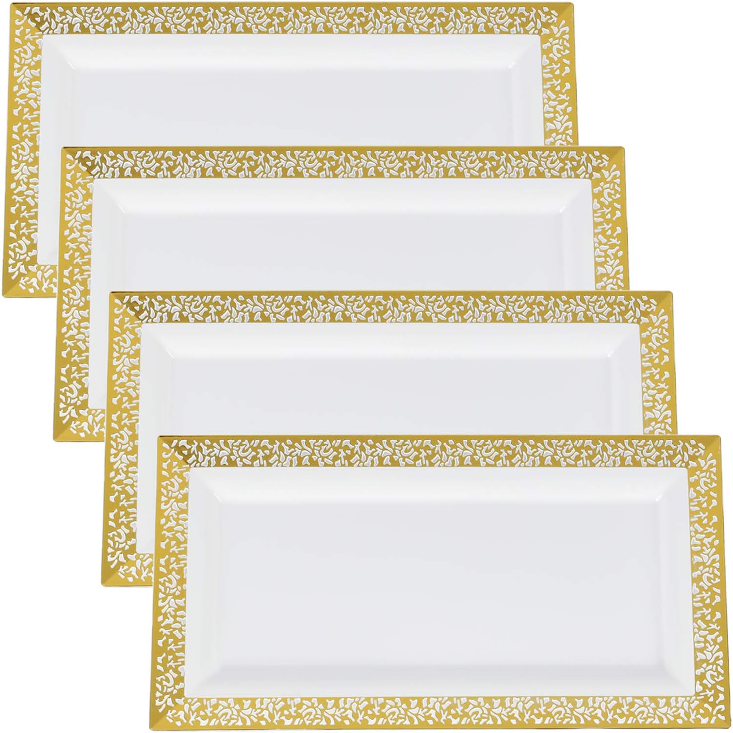 Yumchikel Lace Gold Plastic Serving Trays | Eye Catching Heavy Duty Disposable Decorative Party Platters for Thanksgiving, Christmas, Hanukkah, Weddings, Brunch, Parties, Baby Showers | 4 Pack