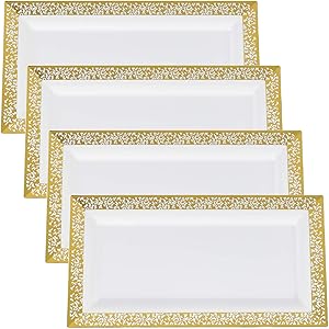 Yumchikel Lace Gold Plastic Serving Trays | Eye Catching Heavy Duty Disposable Decorative Party Platters for Thanksgiving, Christmas, Hanukkah, Weddings, Brunch, Parties, Baby Showers | 4 Pack