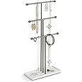 Umbra Trigem Hanging Jewelry Organizer Tiered Tabletop Free Standing Necklace Holder Display, White/Nickel