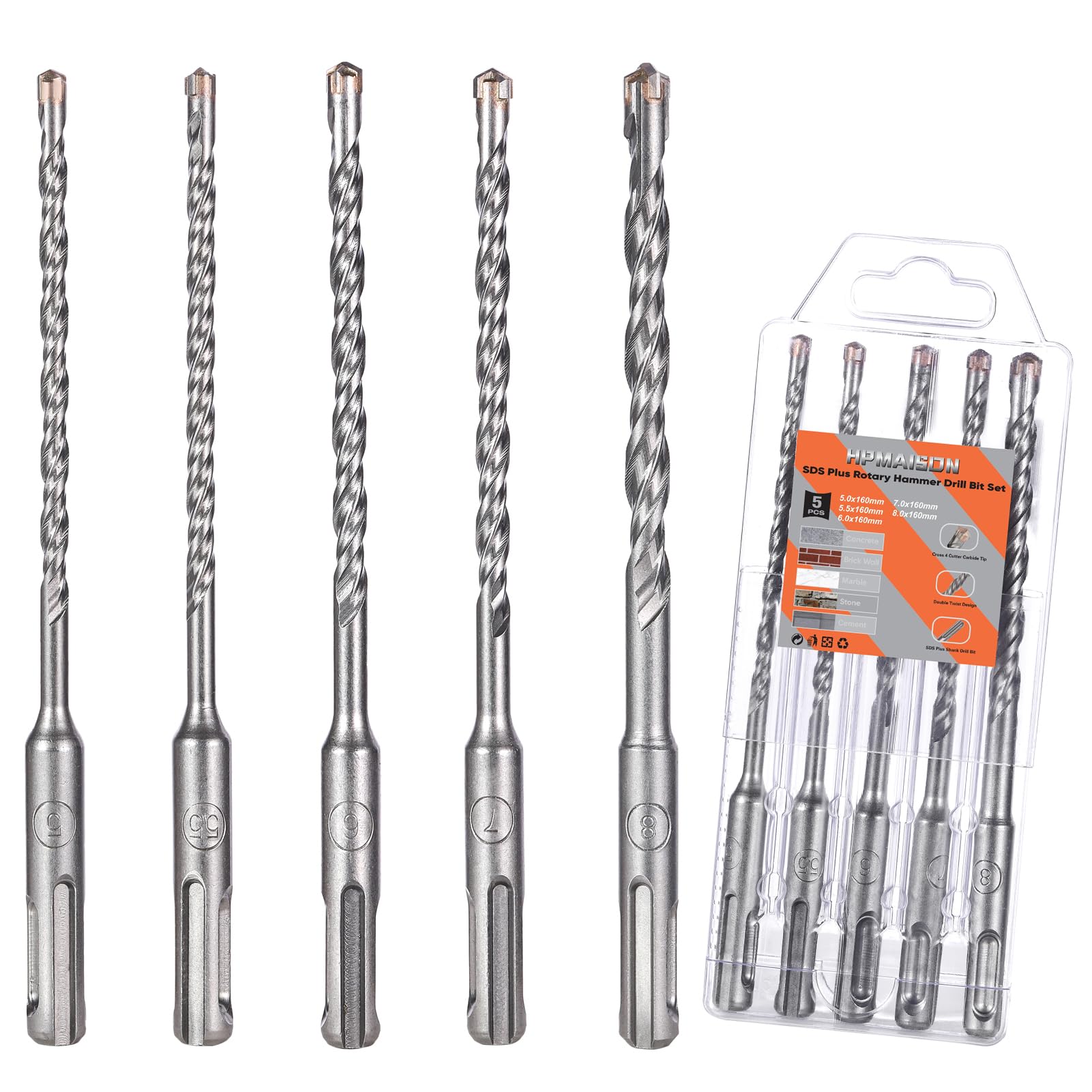 HPMAISON SDS Plus Rotary Hammer Drill Bit Set, 5PCS Cross Drill Bits Hammer Impact Drill Bit for Drilling Stone, Concrete, Brick Wall, Cement, Masonry 5mm/5.5mm/6mm/7mm/8mm x 160mm