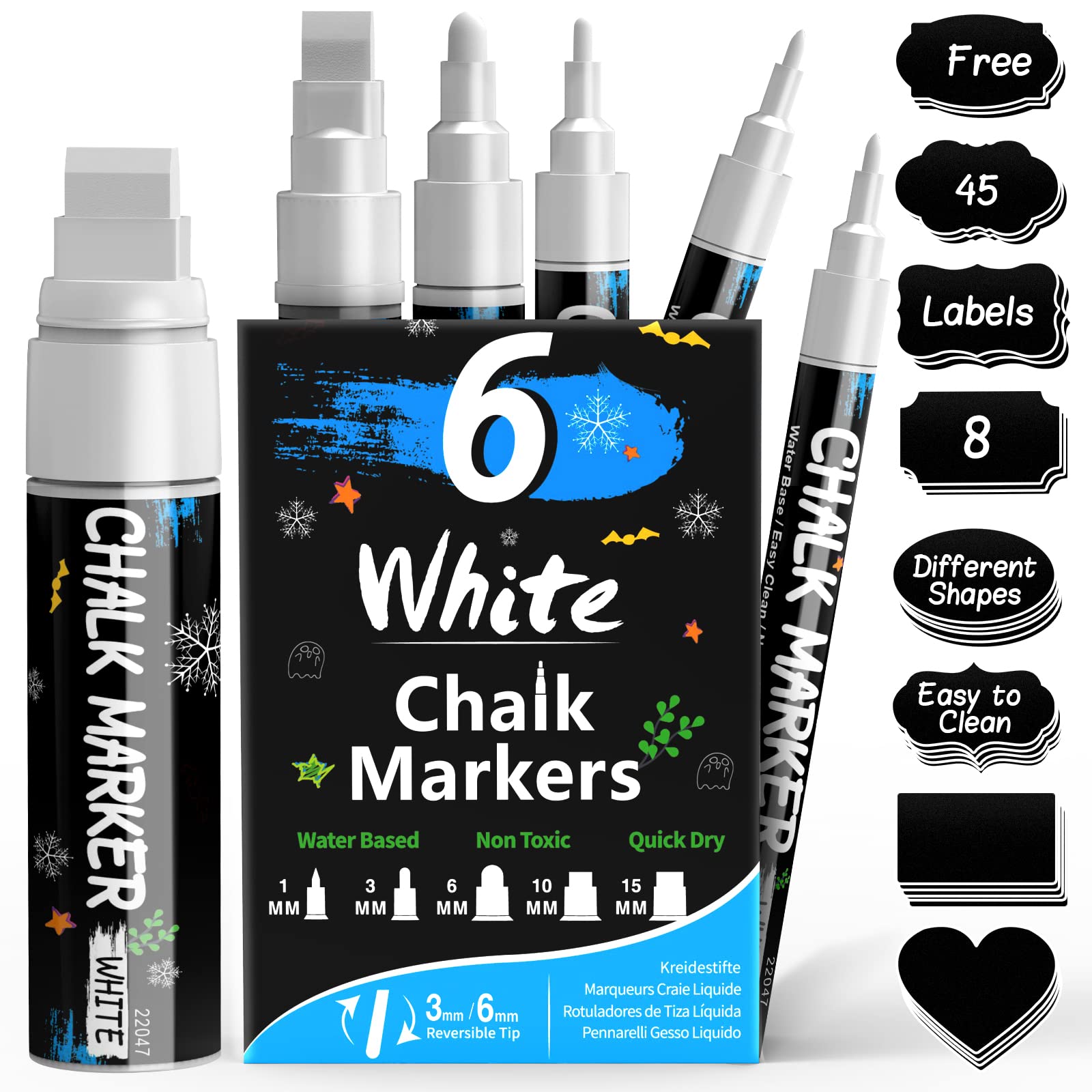 APOGO White Chalk Pens, Liquid White Markers for Blackboards, Signs, Christmas Window, Chalk Markers with 45 Blackboard labels, Pack of 6 Chalkboard Pens-Wet Wipe Erase-(1, 3, 6, 10, 15mm)