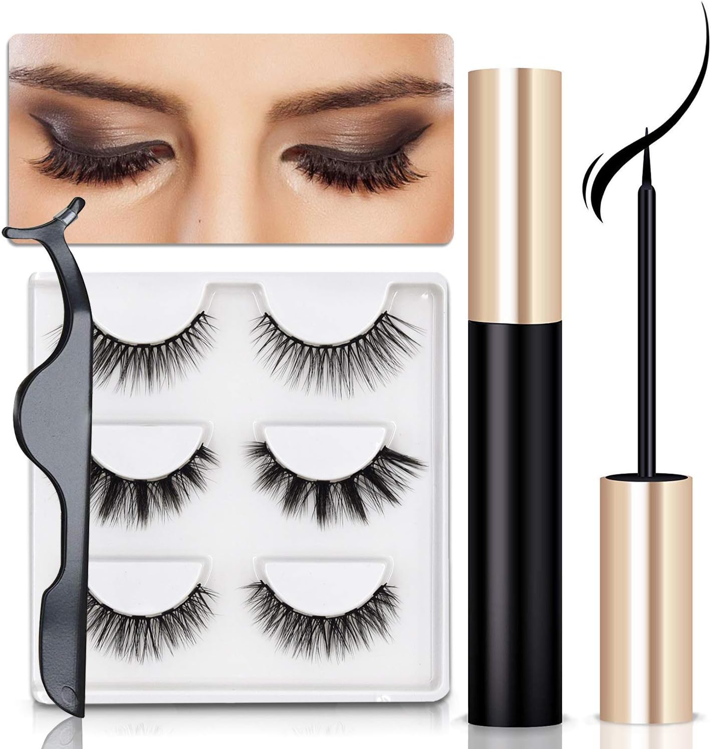 Magnetic Eyelash and Magnetic Eyeliner Kit[ 2019 Newest], Magnetic Eyeliner with 3D Reusable False Magnetic Lashes and Tweezers, No Glue & 5 Magnets Waterproof Magnetic Eyelashes for Natural Look