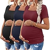 Baggyfly 3 Pack Women's Maternity Shirts Square Neck Side Ruched Short Sleeve Maternity Tops Casual Knitted Pregnancy Tees