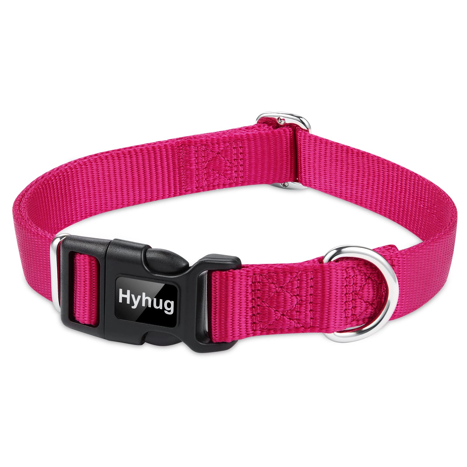 Hyhug Pets Design Solid Color Heavy Duty Classic Basic Nylon Dog Collar, Unique Design Adjustment Triglide Slide (Buckle), Can Install Dog Tag (Medium, Rose Red)