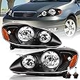 TUSDAR Headlight Assembly Replacement for Toyota Corolla 2003 2004 2005 2006 2007 2008 Headlamps Replacement Passenger and Driver Side, Black Housing with Amber Reflector (Bulbs Included)