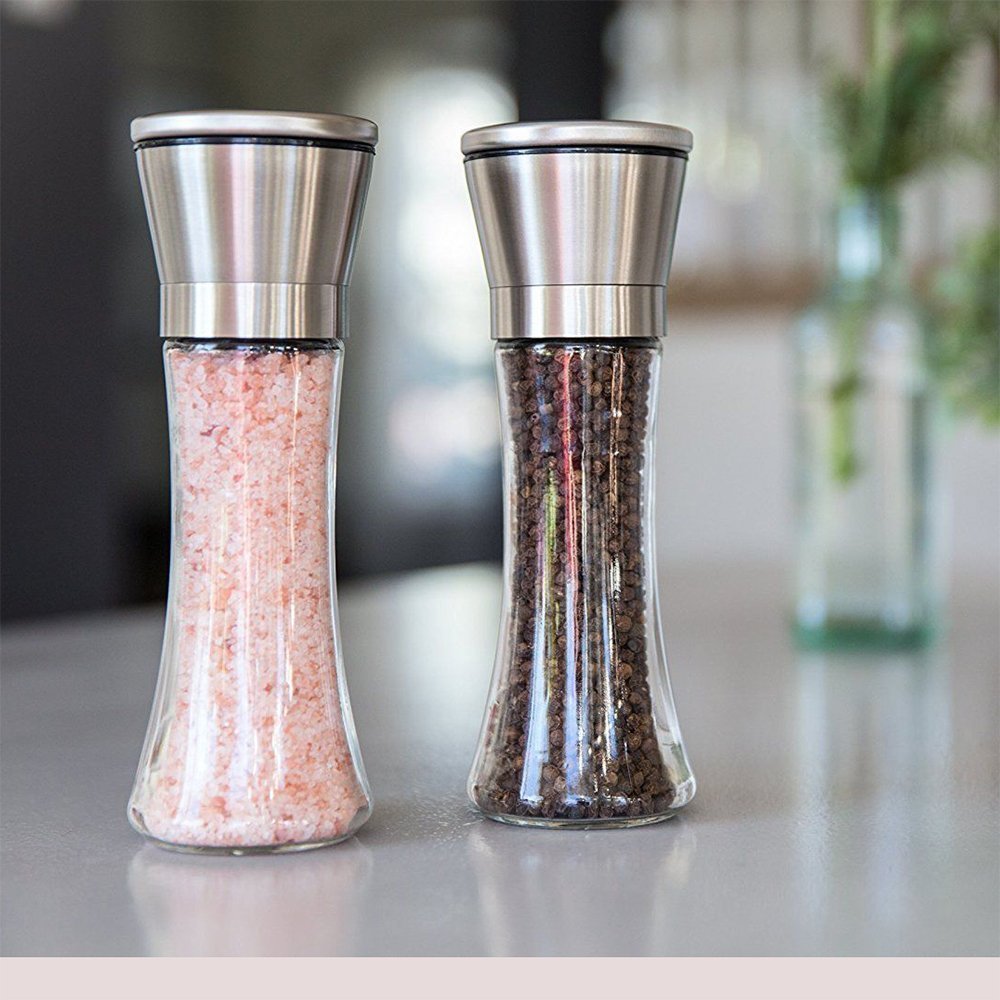 Premium Stainless Steel Salt and Pepper Grinder Set,Brushed Stainless Steel Salt and Pepper Shakers,Pepper Mill and Salt Mill with Glass Tall Body and Adjustable Ceramic Rotor by Feiuruhf, Set of 2