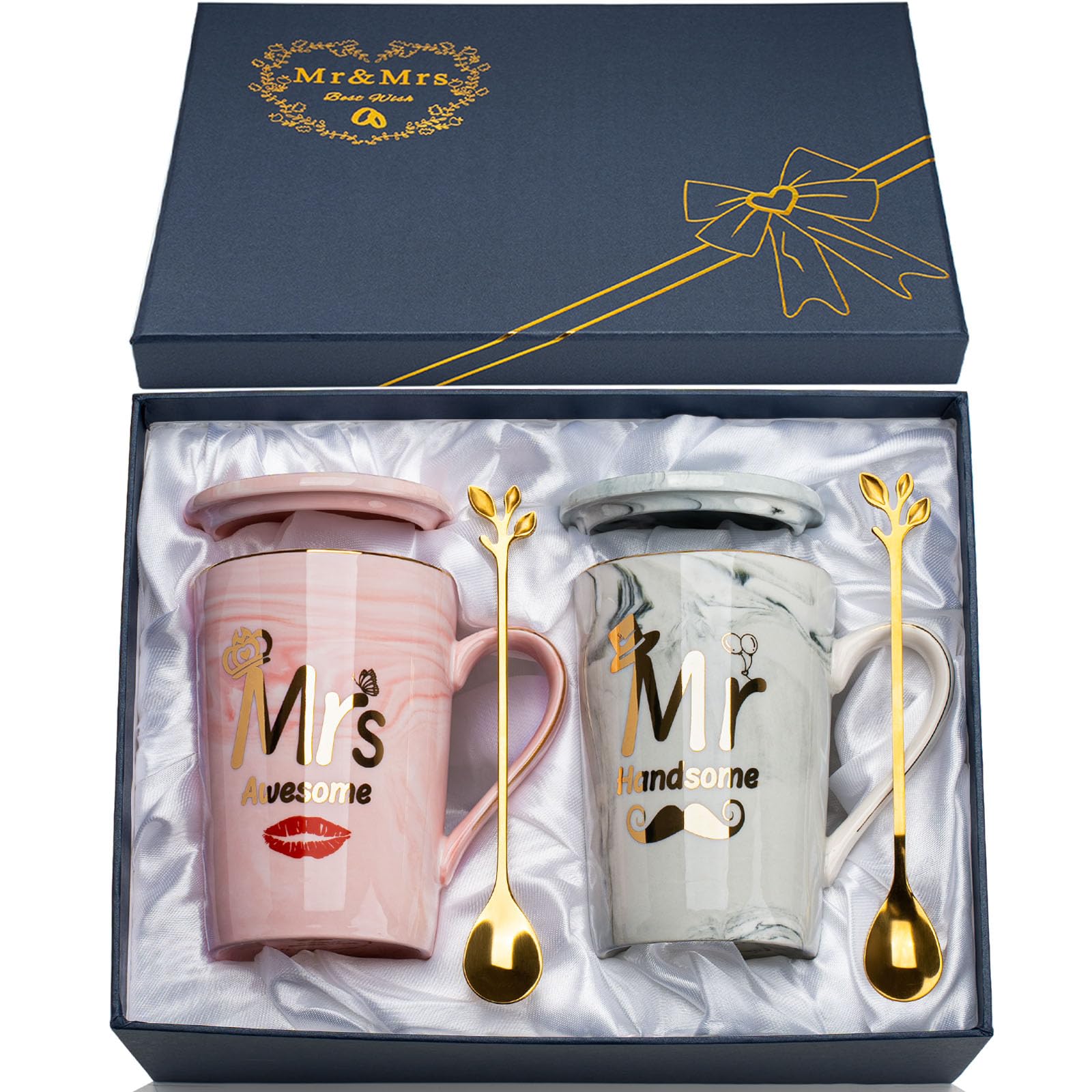 Wedding Gifts Mr and Mrs Mugs, Couple Gifts Engagement Gif-ts for Couples, Novelty Cups Set for Engagement Wedding Bridal Shower Bride and Groom to Be Newlyweds Anniversary, Marble Ceramic Mugs 14Oz