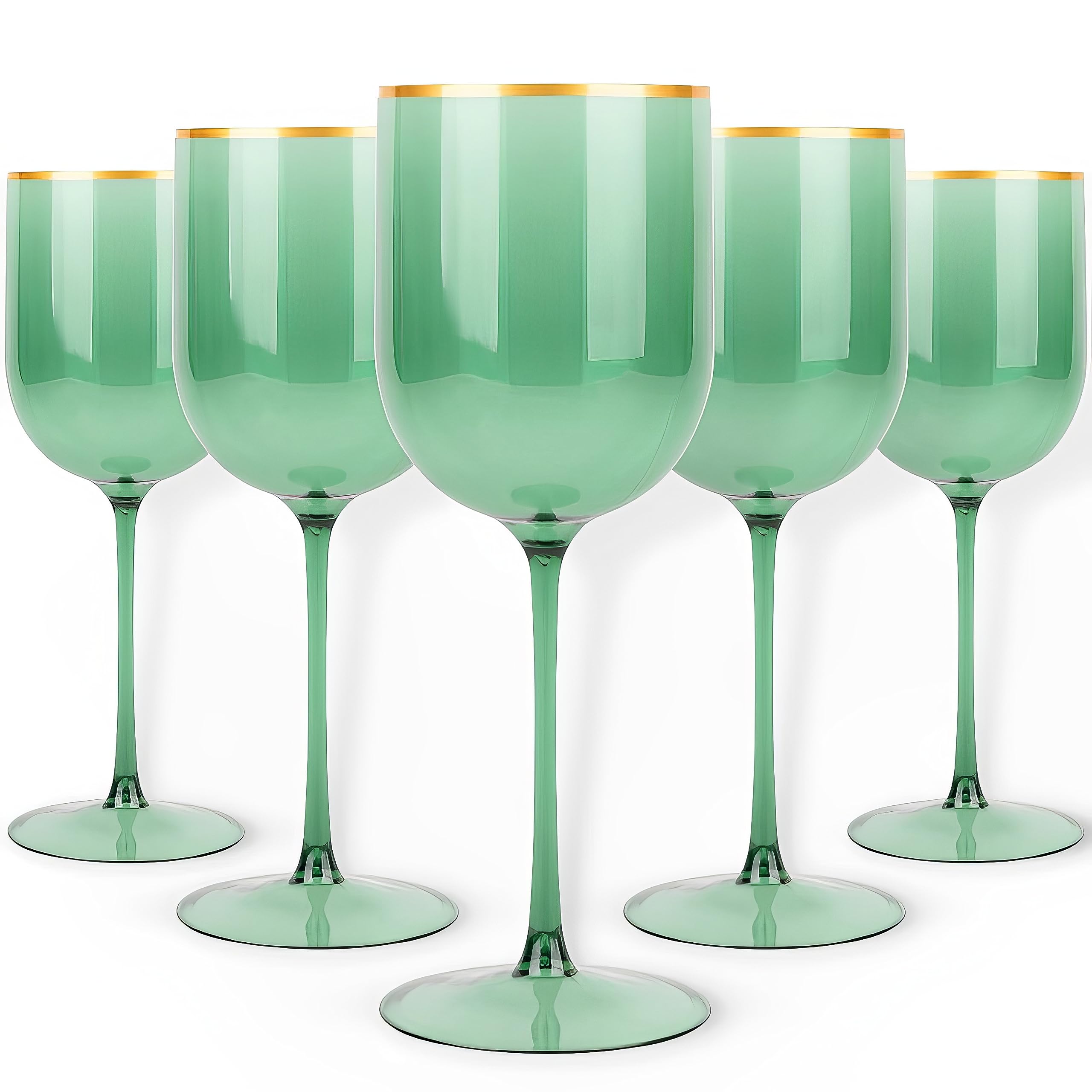 Photo 1 of Blue Sky Green Plastic Wine Glasses With Gold Rim - 12oz (5-Pack) Reusable, Disposable Cups for Parties and Events