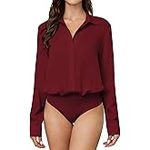 TQD Women Button Down Bodysuit Long Sleeve Collared Shirt Satin Blouse Bodysuits Tops Business Casual Office Professional