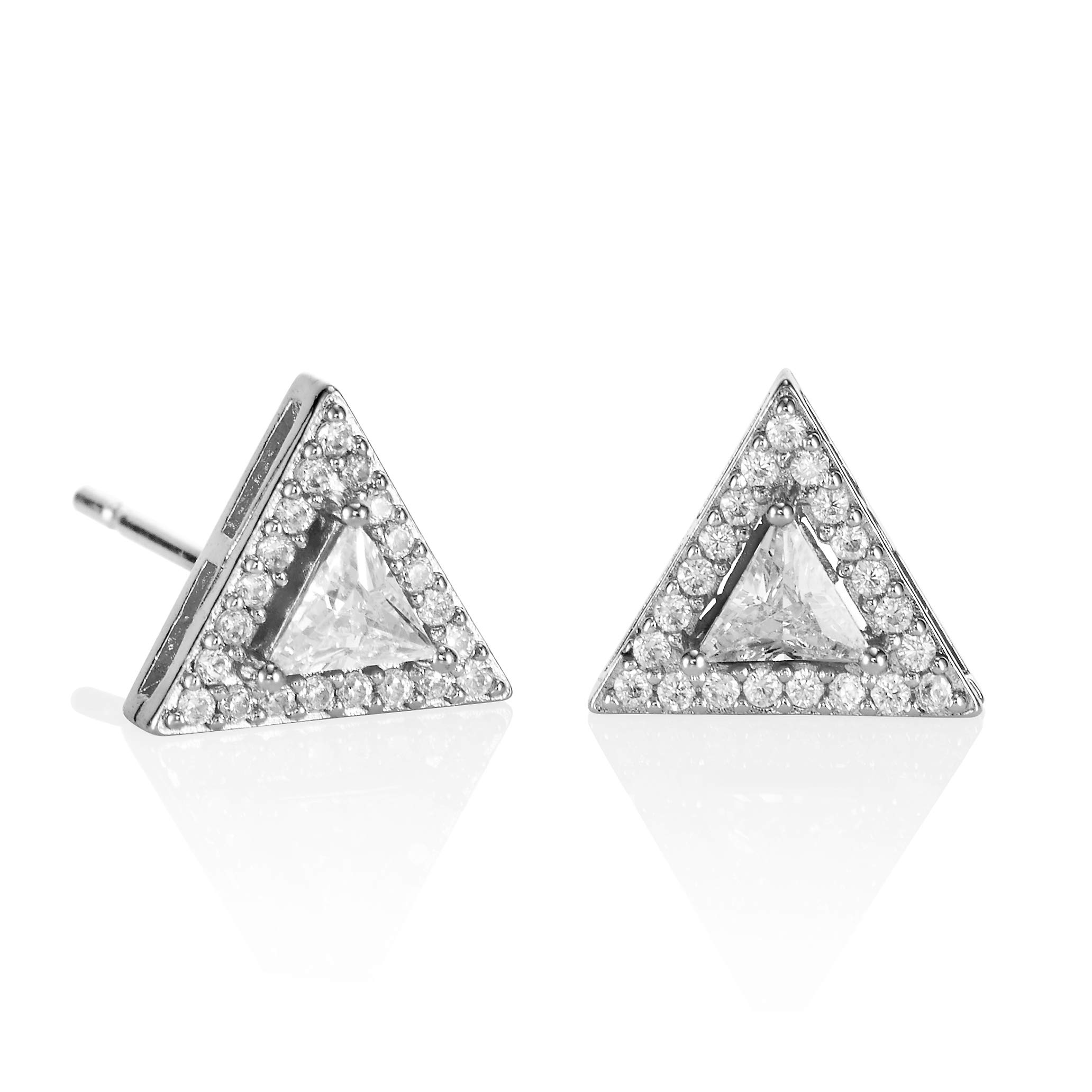 namana Trillion Stud Earrings for Women. Triangle Halo Stud Earrings. Fine Silver Coloured or 18 Carat Rose Gold Plated Earrings with Gift Box (Silver, Rhodium Plated Base Metal)