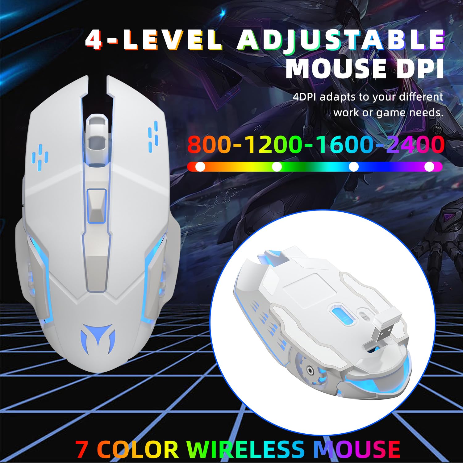 Wireless Gaming Keyboard and Mouse Combo - RGB Backlit, Rechargeable, Ergonomic, for Gaming Work, Long-Lasting Built-in Battery (White)