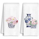HSIASHENG Chinoiserie Pink Peony Floral Kitchen Towels, Blue and White Porcelain Floral Dish Towels, Grandmillennial Rustic Flower Hand Tea Towel for Bathroom Kitchen, 16x24 Inch Set of 2