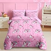Nesker 7 Pcs Comforter Set Queen Size, Cute Pink Unicorn Bedding for Kids Teen, Cartoon Rainbow with Fitted Sheet 2 Pillowcases & 2 Shams for Bedroom Bed Decor