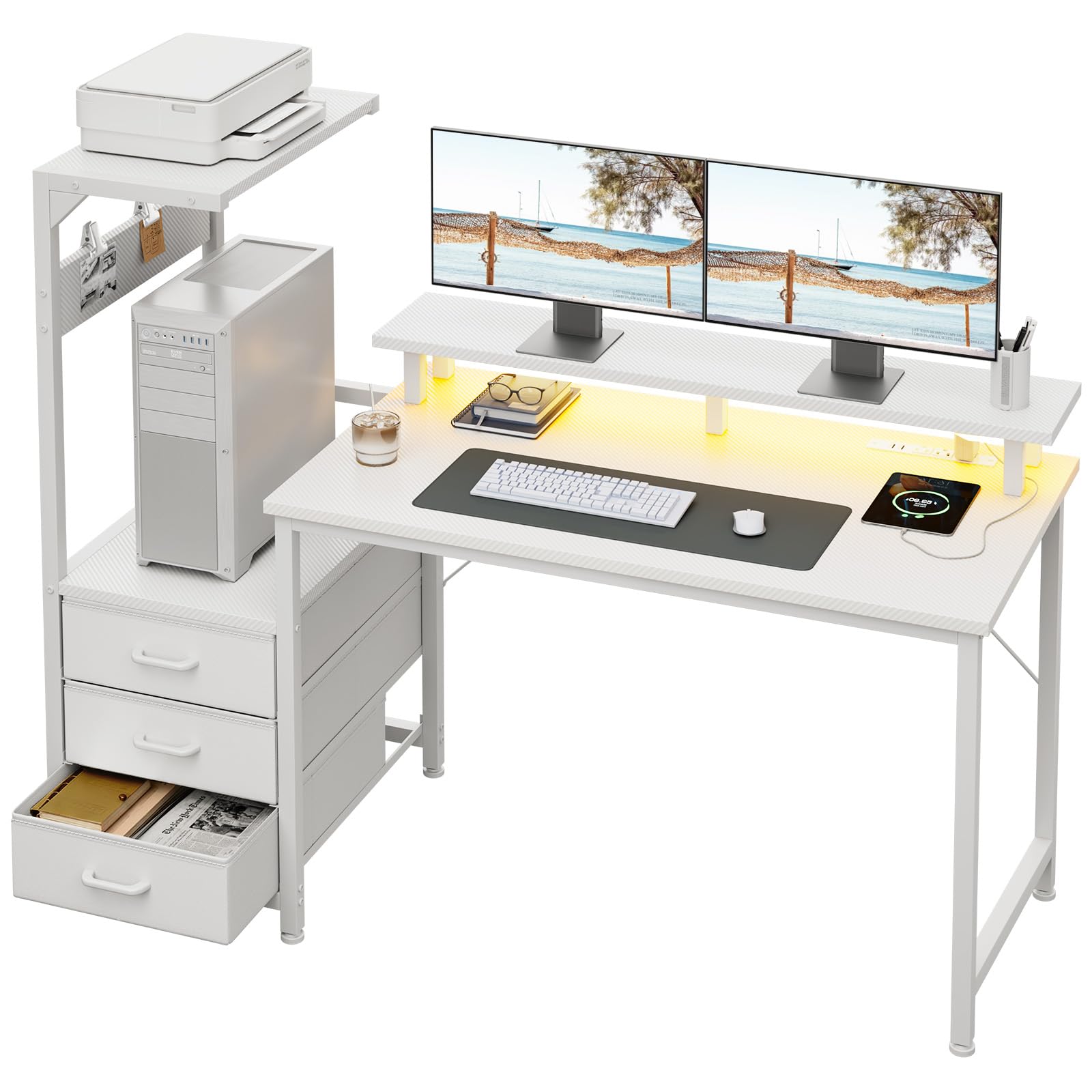 AODK 52 Inch Gaming Desk with USB Charging Ports & LED Light- Reversible Computer Desk with Storage Shelves & Monitor Stand, Modern Gamer Desk Table with Fabric Drawers, White Image