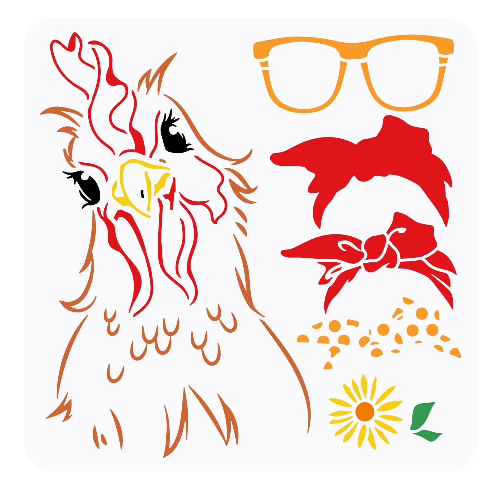 FINGERINSPIRE Chicken Lady Painting Stencil 30x30cm Hollow Out Rooster Pattern Drawing Stencil Reusable Bow Tie Eyeglass Frame Flower Craft Stencil for Canvas Bag, T-Shirt, Wall, Tiles Decor