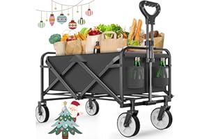 Collapsible Folding Wagon, LUBBYGIM Outdoor Utility Wagon Cart Heavy Duty Foldable with Universal Wheels & Adjustable Handle, Foldable Grocery Wagon for Garden Camping Shopping Sports