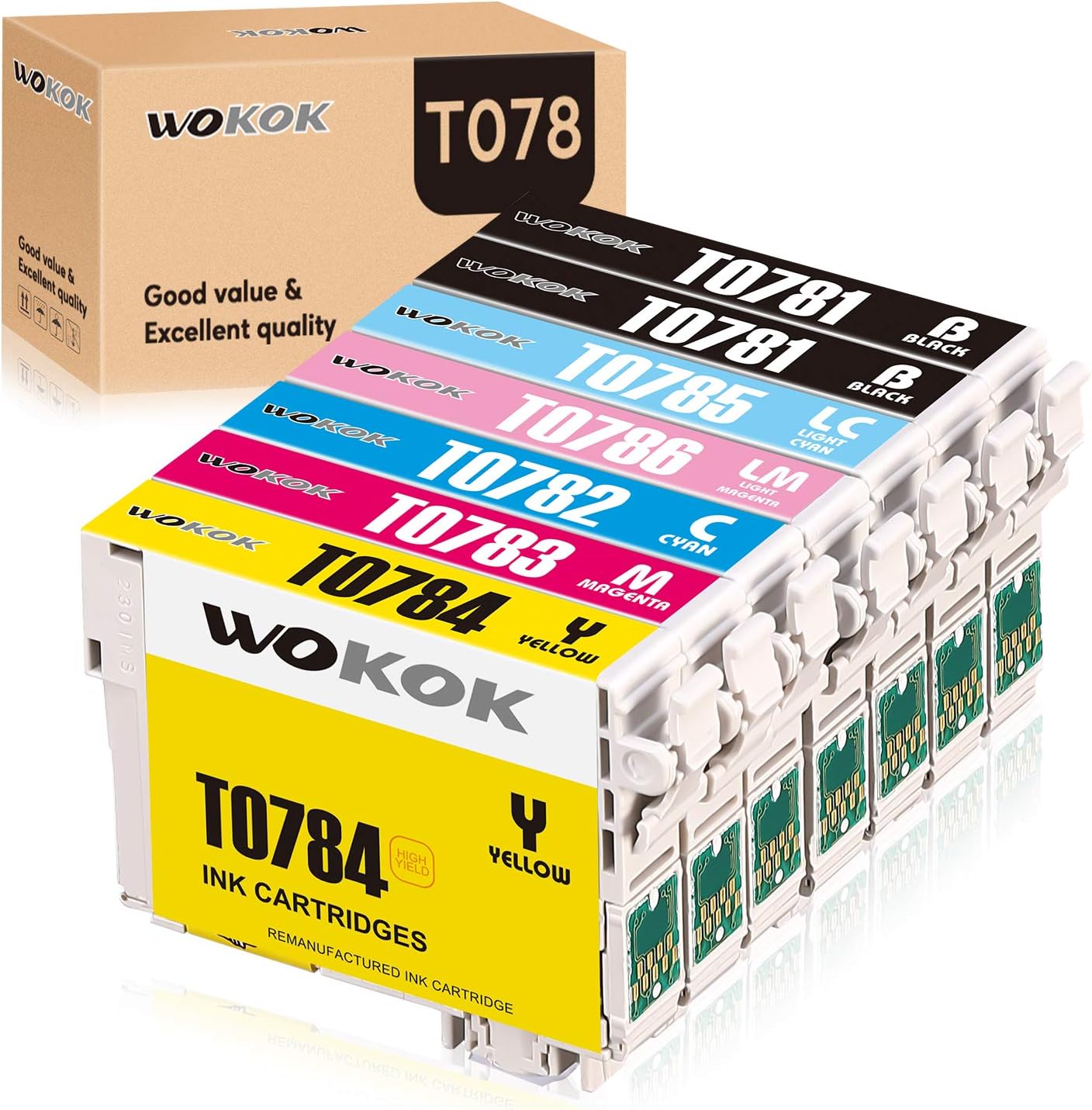 WOKOK Remanufactured Ink Cartridge Replacement for Epson 78 Ink Cartridges, T078 for Epson Artisan 50 Stylus Photo R260 R280 R380 RX580 RX595 RX680 (2BK, 1C, 1M, 1Y, 1LC, 1LM): Office Products