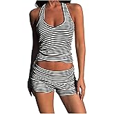 Milumia Women's 2 Piece Short Set Striped Halter Crop Top and Mini Shorts Lounge Sets Matching Airport Travel Outfits
