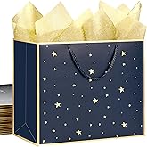 SHIPKEY 12 Pack Navy Star Gift Bags with Gold Frame, 12.5x4.5x11 Inches Large Paper Bag with Ribbon Handles, Star Shopping Bags (32x11.5x28 cm)