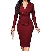 Oxgmoky Women's Elegant Dresses Work Business Dress Bodycon Long Sleeve Pencil Dress