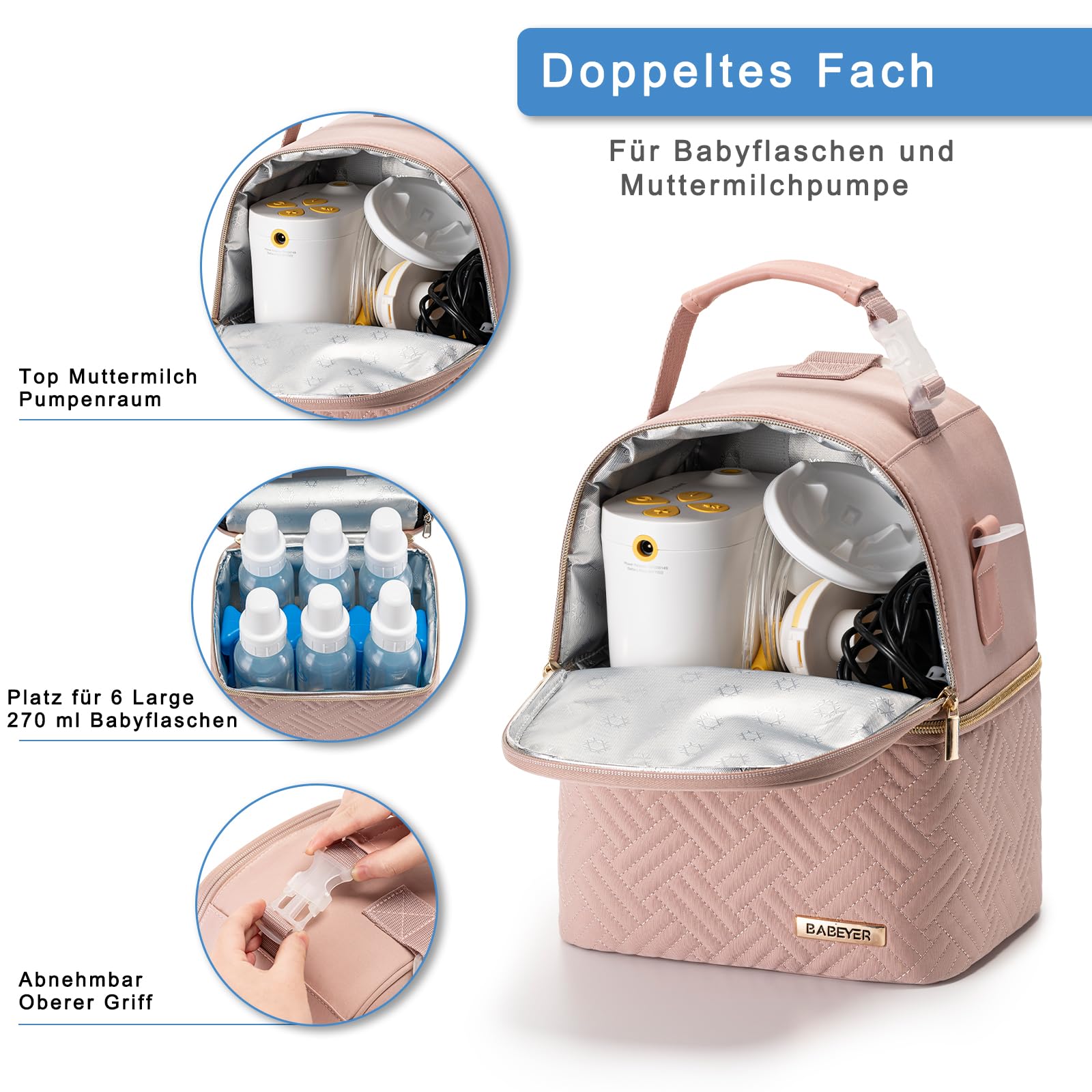 BABEYER Muttermilch-Kühltasche mit Kühlakku für 6 Babyflaschen bis 270 ml, Muttermilchpumpen-Kühltasche mit Schultergurt für stillende Mütter Kindertagesstätte, Arbeit, Reise-Rosa 3