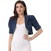 Allegra K Cropped Denim Jacket for Women Casual Short Puff Sleeve Lapel Open Front Jean Jackets Summer Outwear