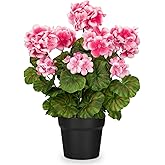 Briful Artificial Geranium Potted Plant – 16” Tall, Realistic Silk Flowers with Vibrant Green Leaves, Pink White Geraniums Fake Flowers for Outdoors Home Décor, Wedding Farmhouse Office Tables Decor