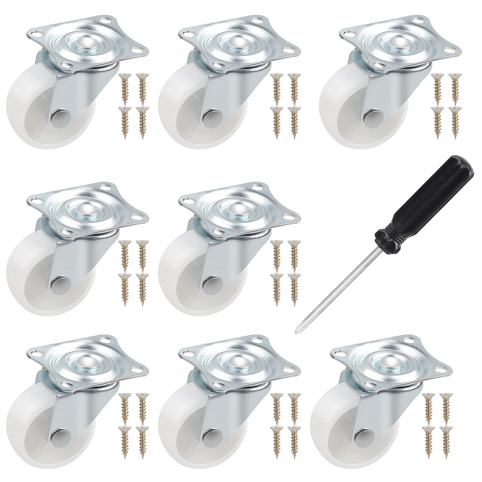 DBREAKS Swivel Castors Set Diameter 38 mm, 8 Pieces Castors for Furniture, Furniture Castors without Brakes, 360° Rotating Castors, Industrial Castors, White, Height 50 mm, Total Load Capacity 160 kg