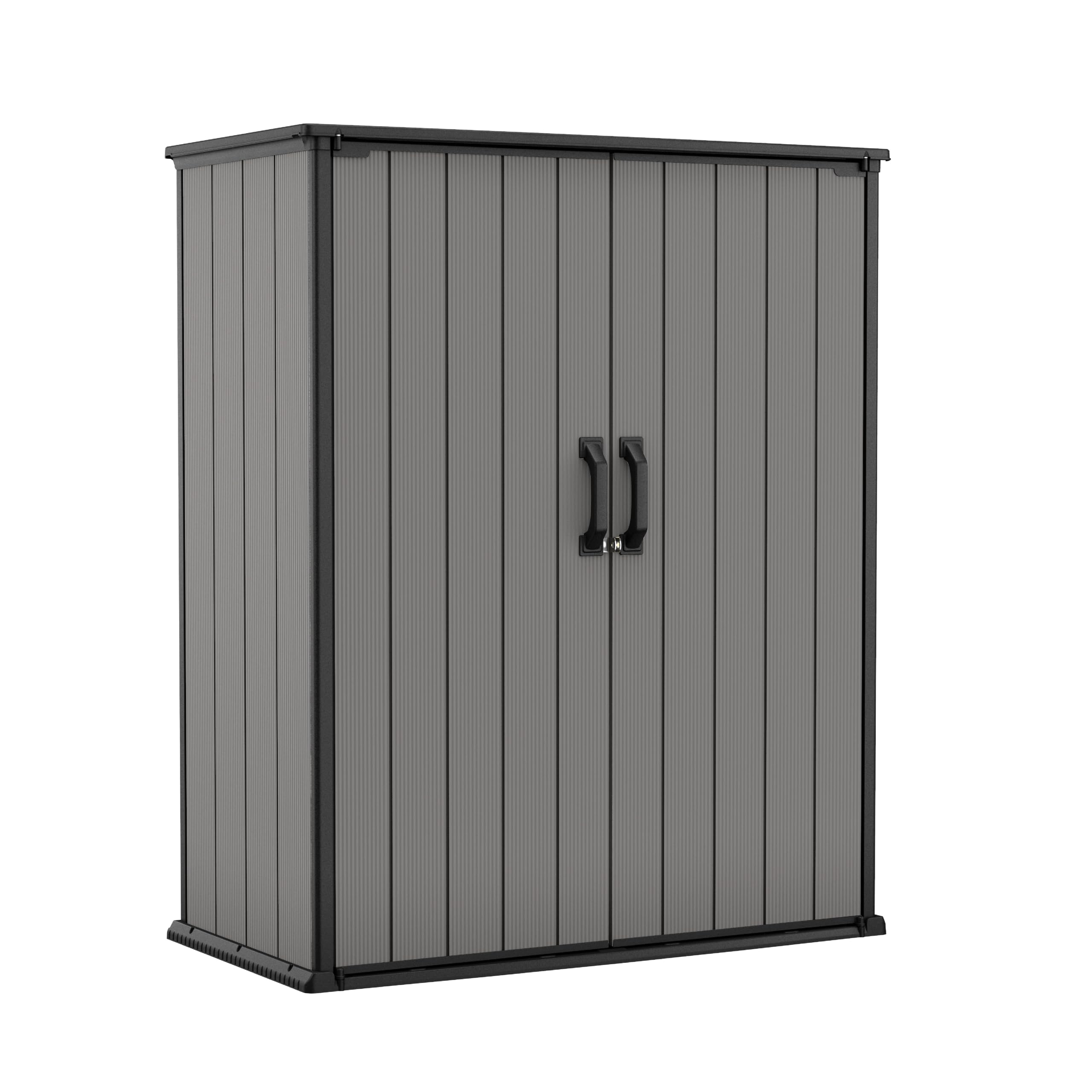 Keter Premier Cobertizo de almacenamiento para exteriores de resina alto de 4.6x5.6 pies, cobertizo de jardín para patio trasero con soportes de estantería para herramientas, muebles de patio, almacenamiento para piscina y bicicletas, gris y negro, 62 pie