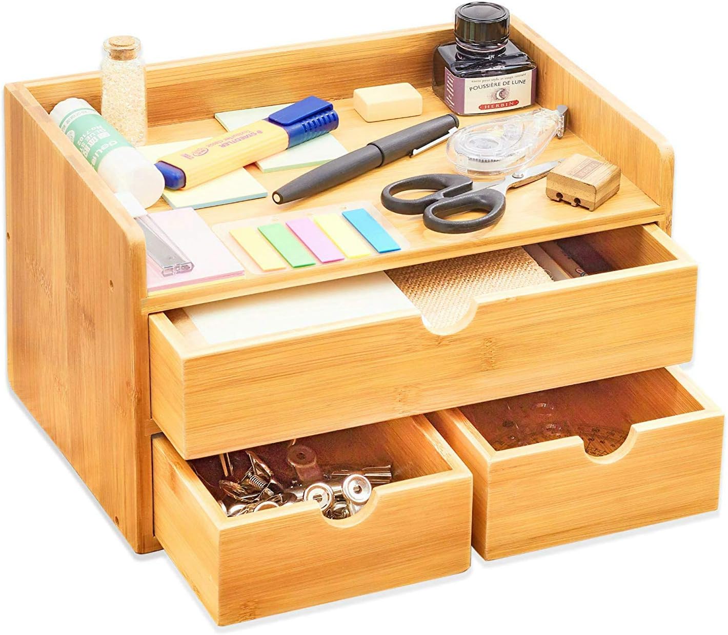 URFORESTIC 100% Natural Bamboo Wood Shelf Organizer for Desk with Drawers — Mini Desk Storage for Office Supplies, Toiletries, Crafts, etc — Great for Desk, Vanity, Tabletop in Home or Office