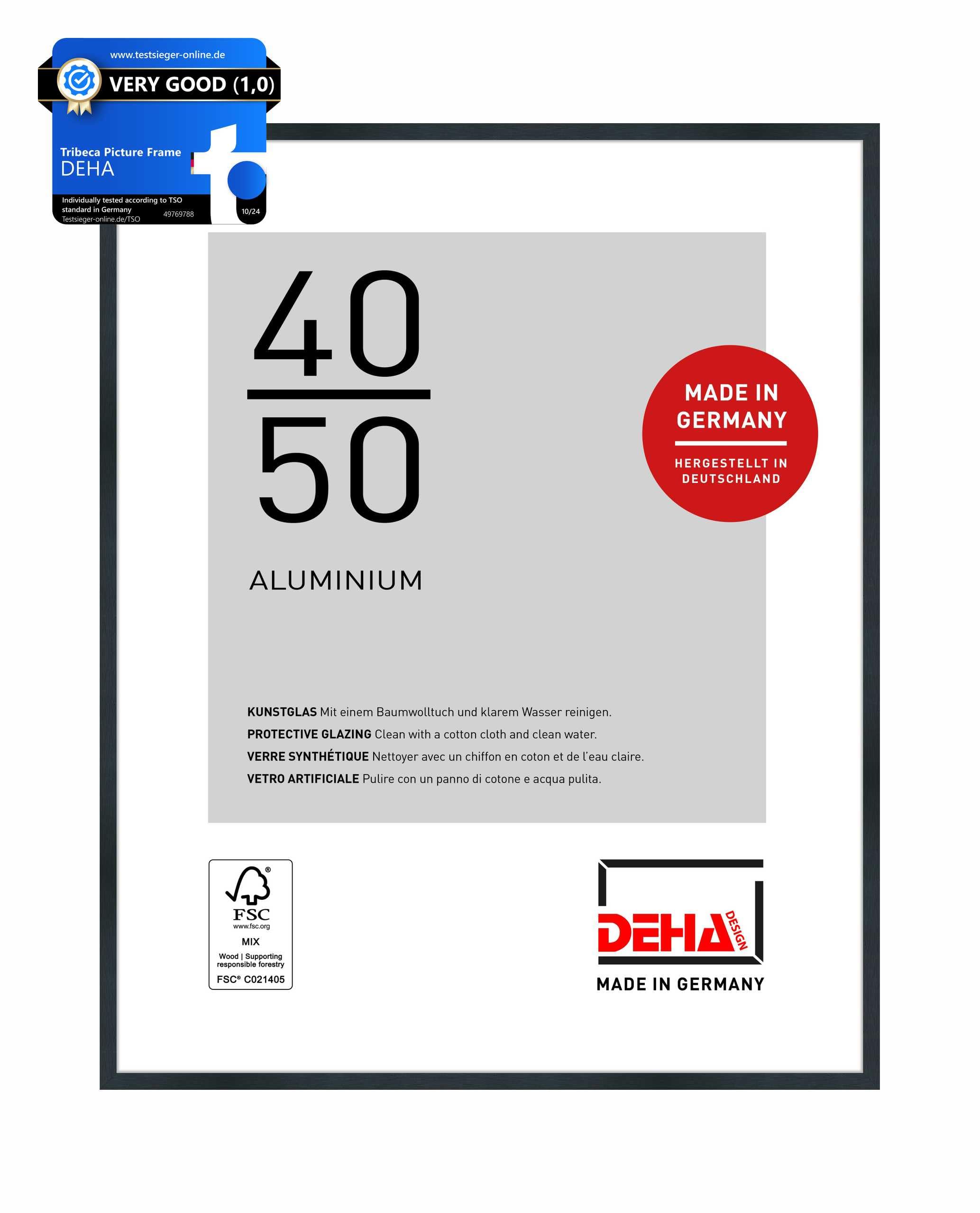 DEHA Design Tribeca Aluminium Picture Frame - 40x50 cm – Brushed Black - with Synthetic Glass and Push/Turn Clips