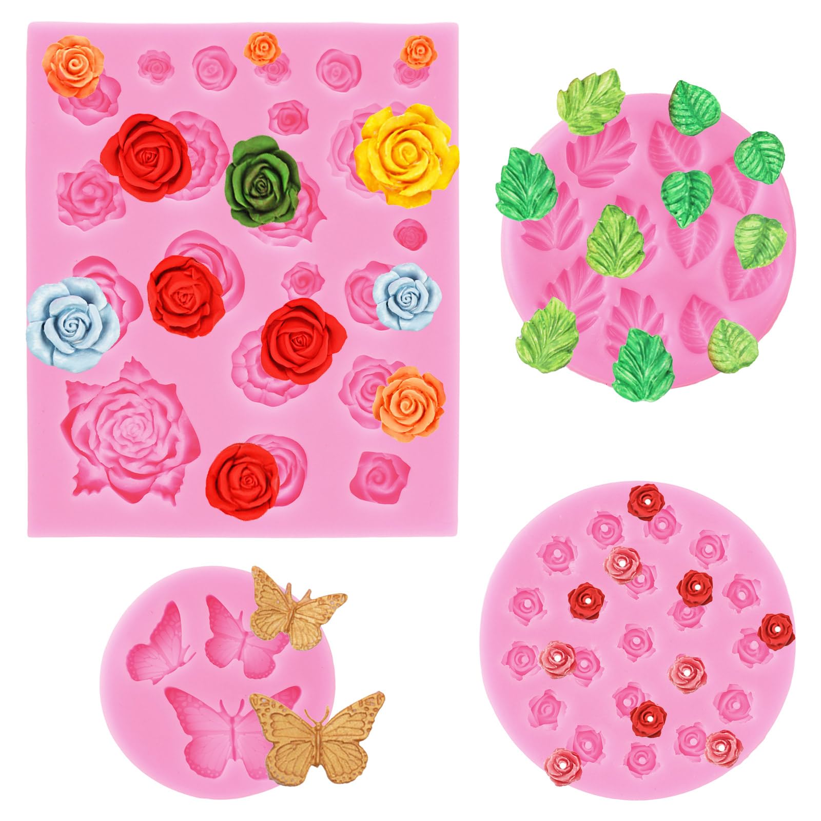 HICOHAND Flower Silicone Mold, 4 PCS Mini Fondant Chocolate Silicone Molds Rose Flower and Leaves Shapes Silicone Mold for Sugar Craft Cake Decoration