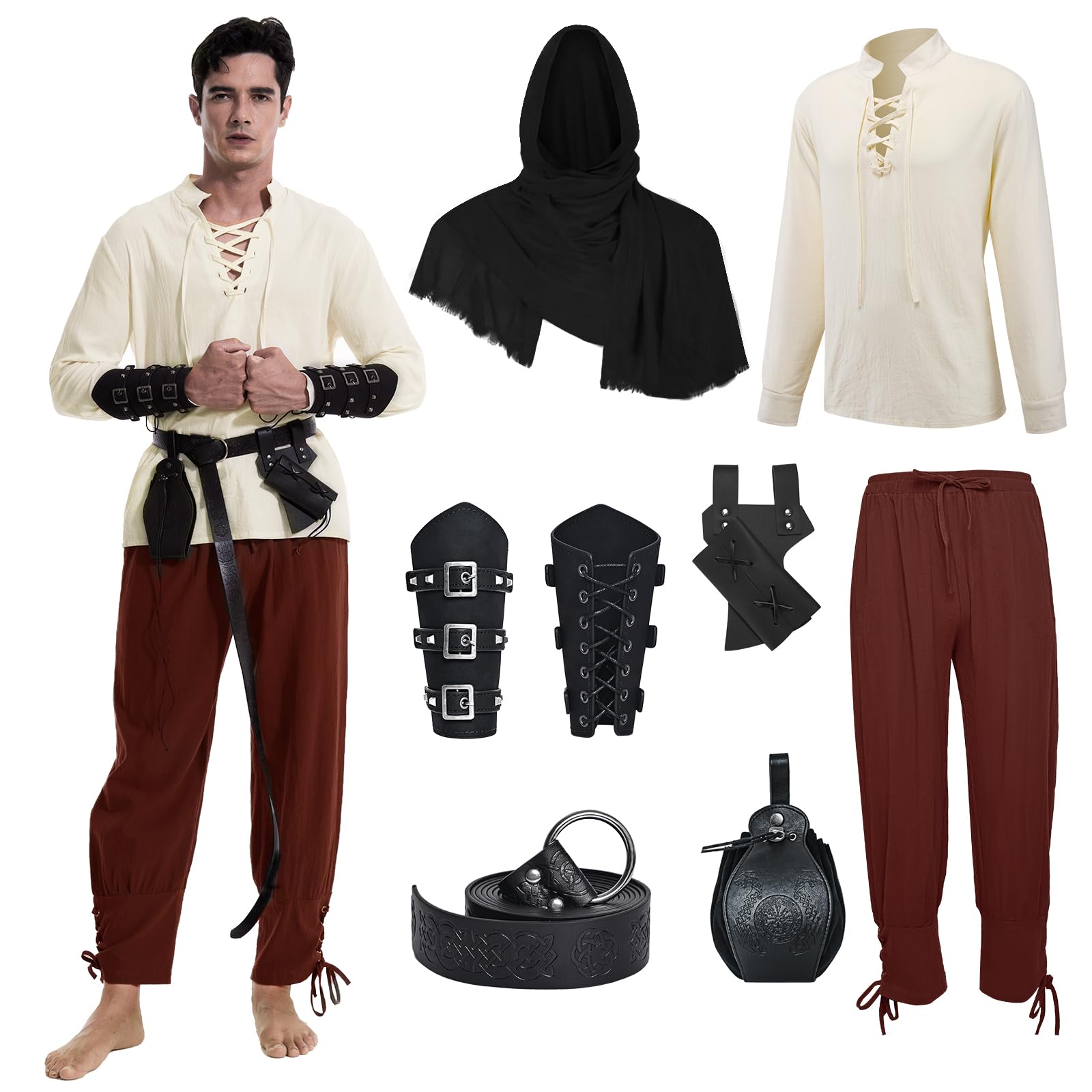 MVFEUIJ Men's Medieval Clothing Renaissance Viking Pirate Shirt Gothic Lace-up Shirt and Pirate TrousersBelts Waist bags Arm guards Set (Brown, M) — image 1