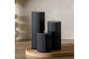 Conelist Ribbed Pillar Candles Set of 3, Width 3" High 4" 6" 8" Large Soy Wax Orchids Scented Pillar Candles Aesthetic Ribbed Modern Home Decor for Bathroom Living Room(Black)