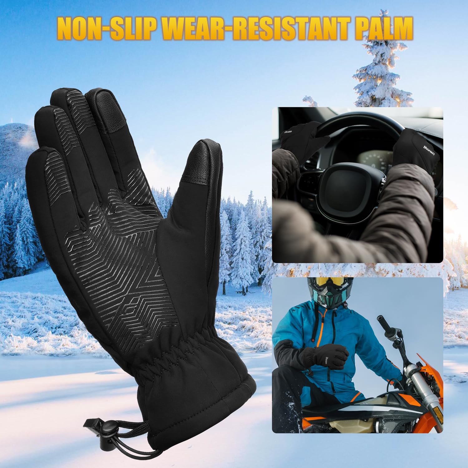 ihuan Waterproof Ski Gloves,Winter Snow Glove-Cold Weather for Women Men Warm Thermal Touch Screen, Motorcycle Driving Hiking Cycling