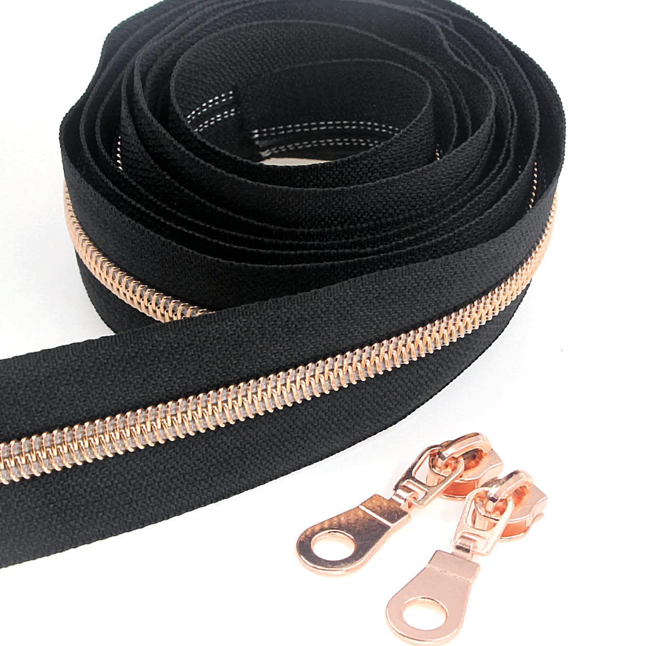 #5 Rose Gold Metallic Nylon Zippers by Yard Bulk 9m Black Ribbon with 25 Rose Gold Sliders for DIY Sewing Craft Bag Leekayer (Black)